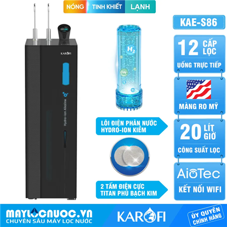 Máy lọc nước nóng lạnh Hydro-ion kiềm Karofi KAE-S86 - 12 Lõi