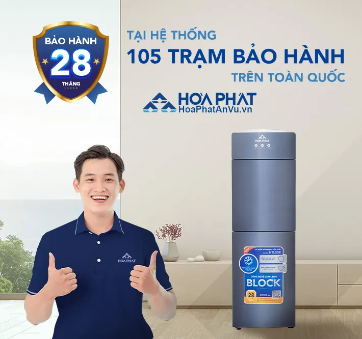 Bảo hành chính hãng 28 tháng Cây nước nóng lạnh Hòa Phát HTL258