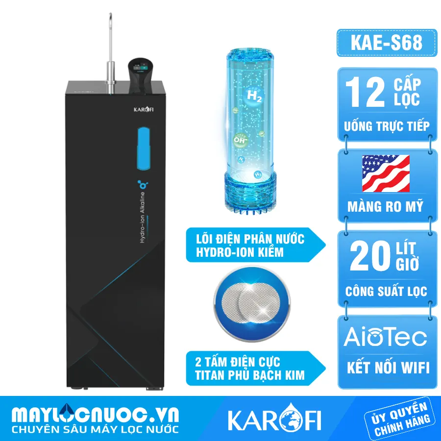 Máy lọc nước Hydro-ion kiềm Karofi KAE-S68 - 12 lõi lọc