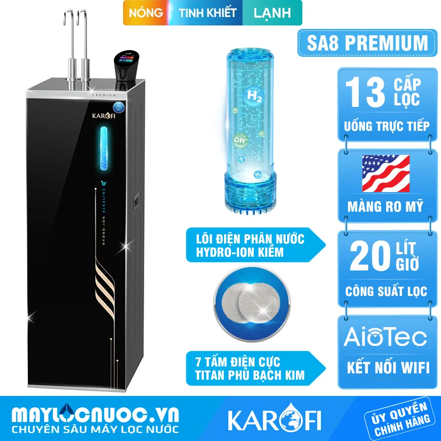 Máy lọc nước nóng lạnh Hydro-ion Kiềm Karofi SA8 PREMIUM